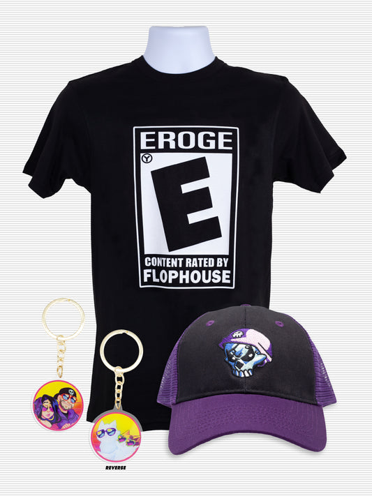 Matt McMuscles 'Rated E for Eroge' Merch BUNDLE (shirt, charm, hat)