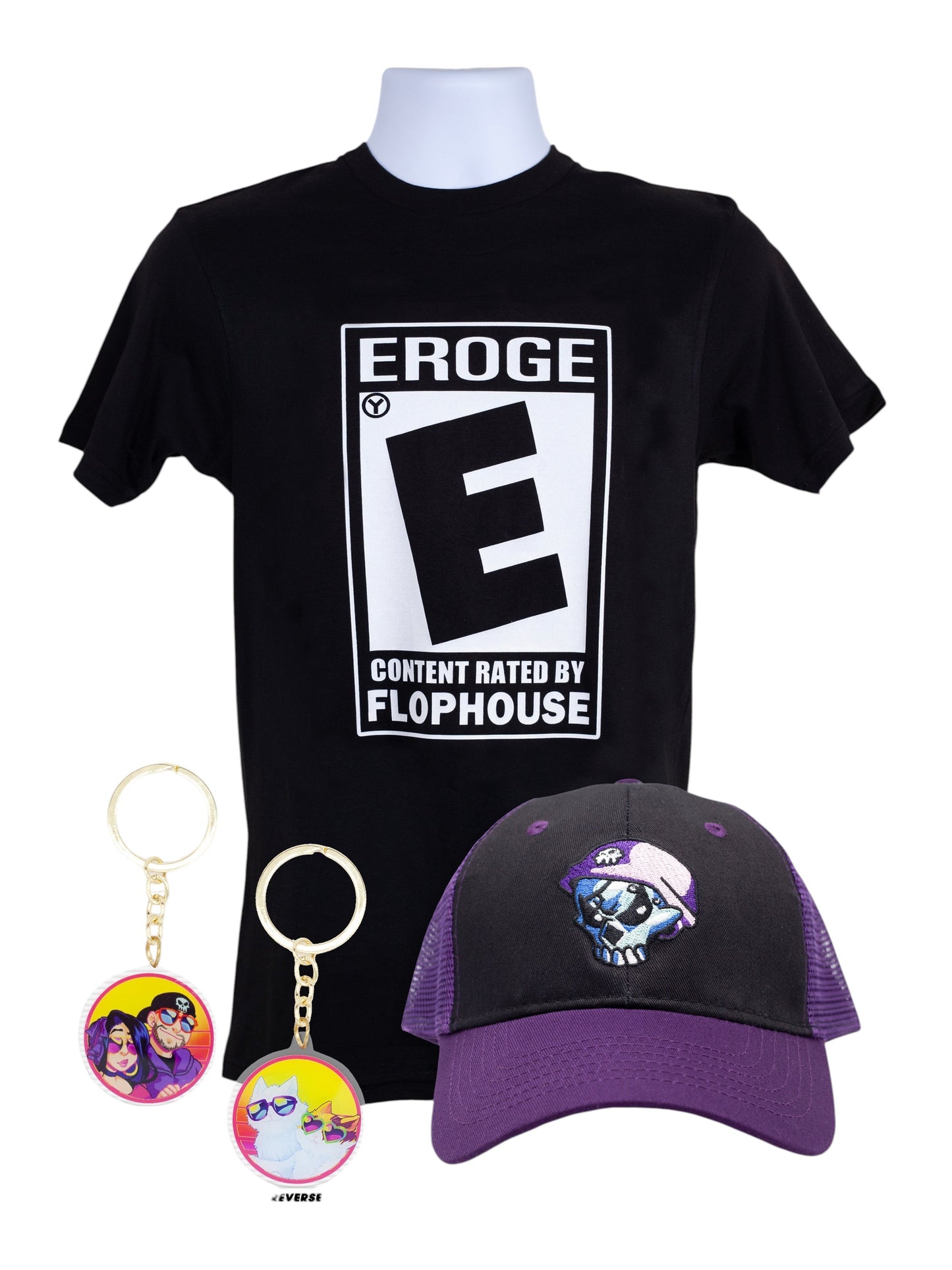 Matt McMuscles 'Rated E for Eroge' Merch BUNDLE (shirt, charm, hat)